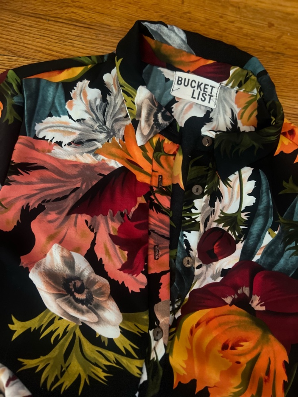 BUCKETLIST Black Floral Button-Up Blouse with Orange, Red, Green, White Accents